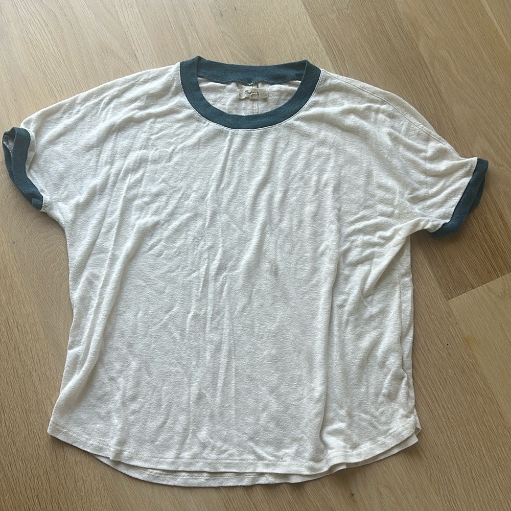 Madewell Ringer whisper tee, vintage navy trim, off white, Small